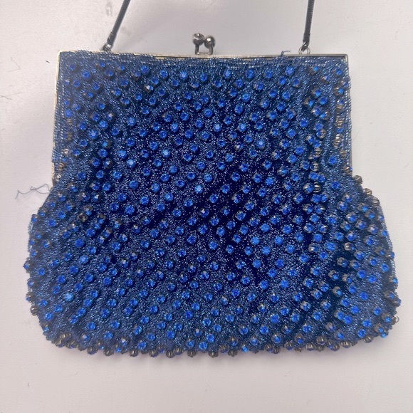 Walborg Vintage Gorgeous Blue Jeweled Silk Satin Liner Kiss Closure Clutch Purse - Picture 2 of 15